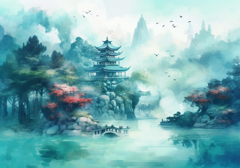 手绘国风意境彩色的山水风景房屋建筑飞鸟飞过文艺插画,插画/手绘图,插画/手绘图库,插画/手绘图下载,插画/手绘